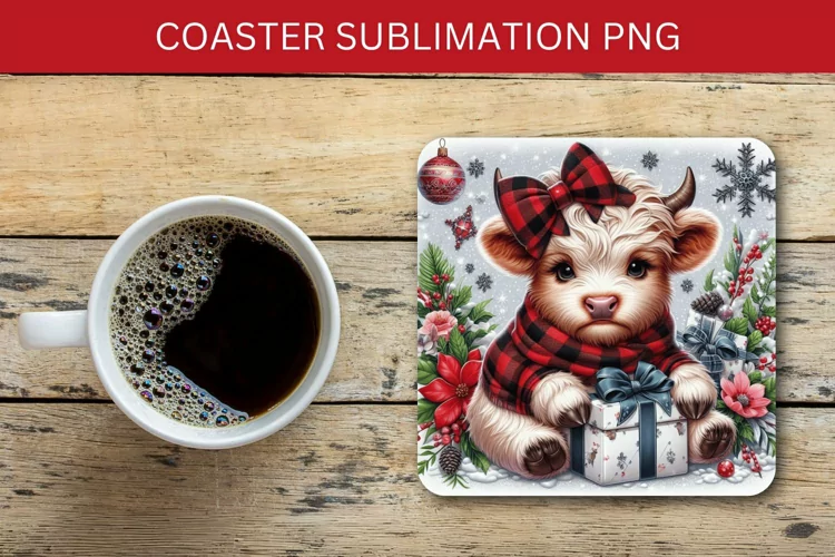 square coaster - plaid highland cow