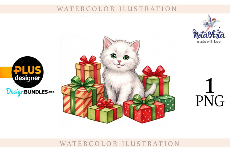 Christmas Kitten in Watercolor Style example image 1