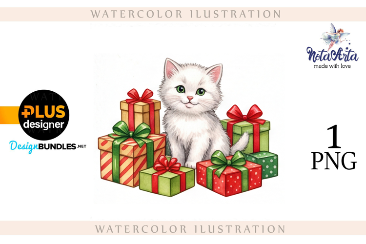 Christmas Kitten in Watercolor Style