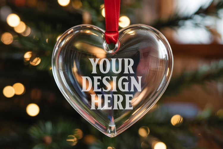 Christmas Heart Crystal Glass Ornament Mockup | Clear Heart