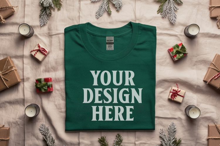 Gildan 5000 Forest Green Folded Christmas Mockup, G5000 mock