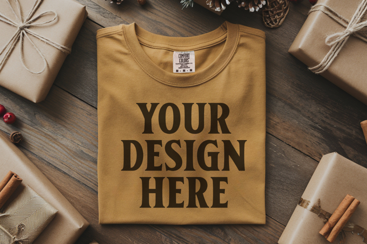 Mustard Comfort Colors 1717 Christmas Folded T-Shirt Mockup