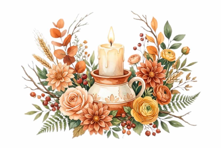 Watercolor candle with floral arrangement around it
