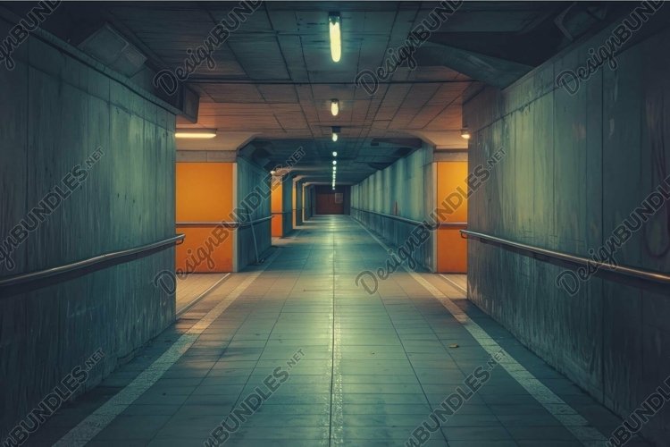 Empty subway tunnel corridor leading to the light