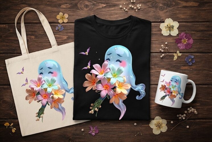 Cute Flower Ghost PNG | Pastel Floral Halloween Clipart example image 1