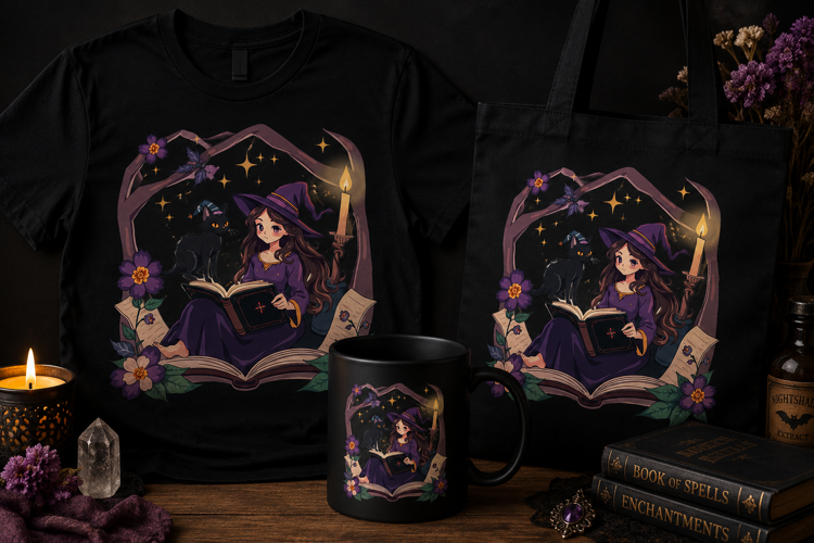 Witch Reading Book PNG | Cute Witch & Black Cat Clipart