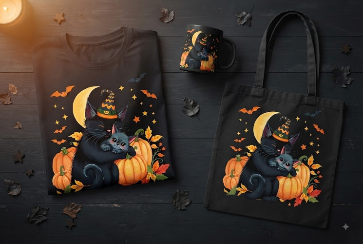 Halloween Black Cat & Kitten PNG | Witch Hat Pumpkin Clipart