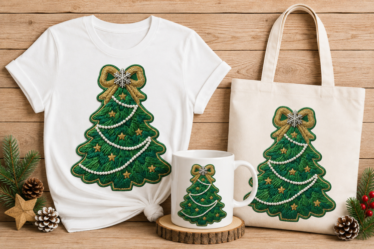 Luxury Christmas Tree Embroidery Pearl Gold Bow Design