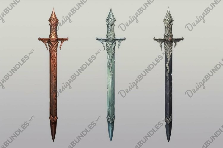 Trio of fantasy swords on neutral background example image 1