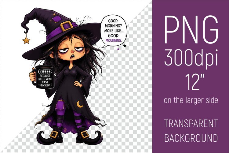 Funny Morning Coffee Witch | Halloween Clipart example image 1