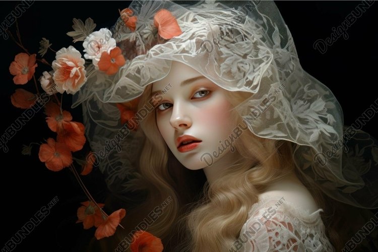 Ethereal woman with floral arrangement on dark background