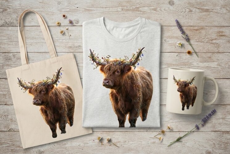 Magical Highland Cow Floral Horns Glitter Art Print example image 1