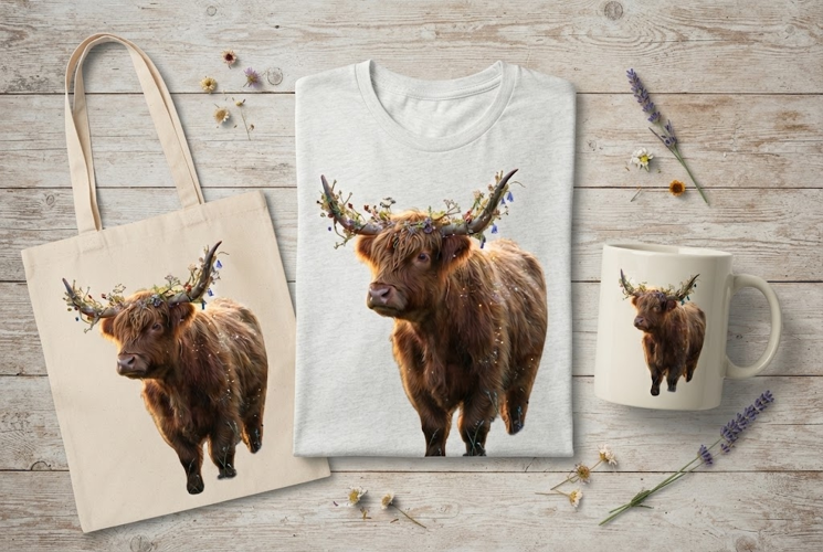 Magical Highland Cow Floral Horns Glitter Art Print