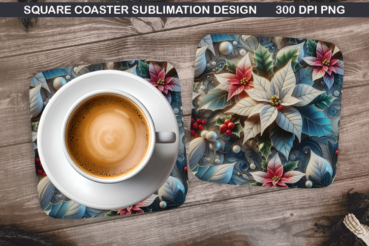 Poinsettias Coaster Sublimation, Christmas Coaster PNG example image 1