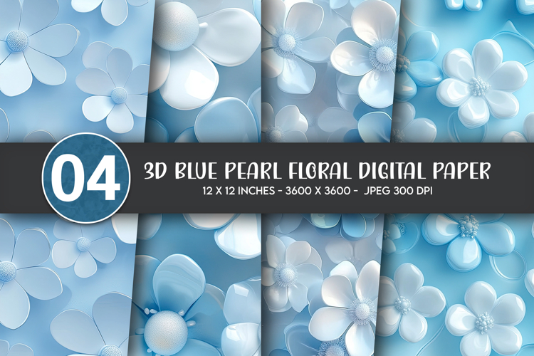 3D Blue Pearl Floral Digital Paper example image 1