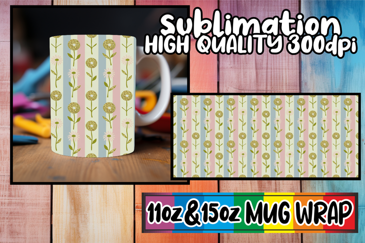 Simply stunning sublimation 11oz 15oz mug wrap, Gold Flower