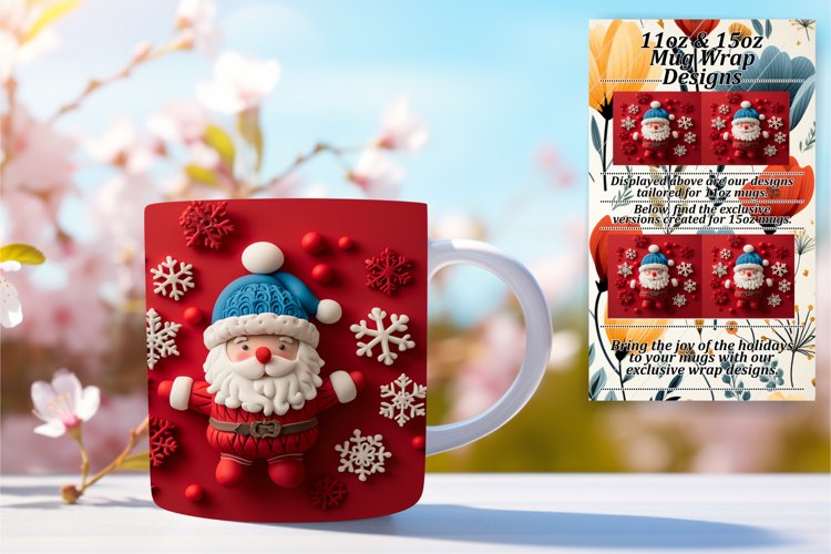 3D Santa Claus Christmas Mug Wrap 11oz 15oz Sublimation Art