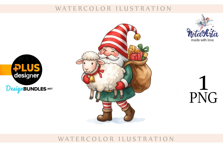 Christmas Gnome Santa with a Sheep in Watercolor Style