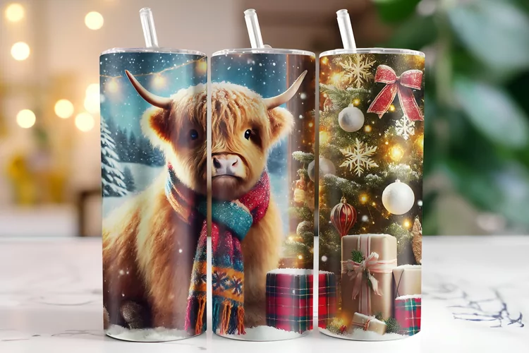 Christmas Highland Cow Tumbler Wrap | Sublimation | Tumblers