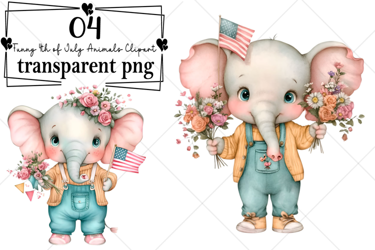 Funny 4th of July Animals Clipart Watercolor PNG