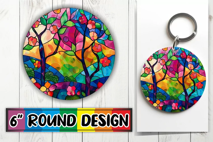 Keychain Colorful Stained Glass Tree Round Design Sublimatio