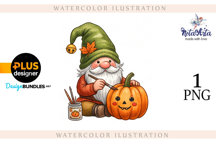 Gnomes with Pumpkin Harvest in Watercolor Style