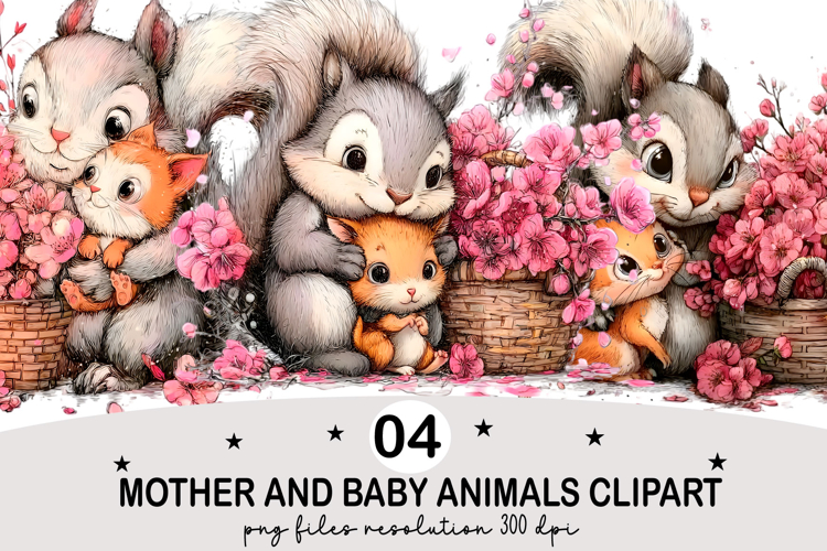 Mother and Baby Animals Clipart Watercolor png