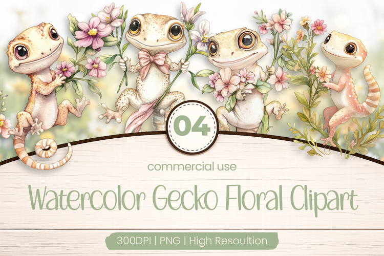 Watercolor Gecko Floral Clipart PNG