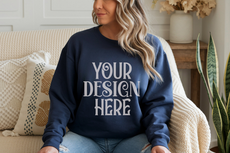 Gildan 18000 Navy Crewneck Sweatshirt Mockups,G180