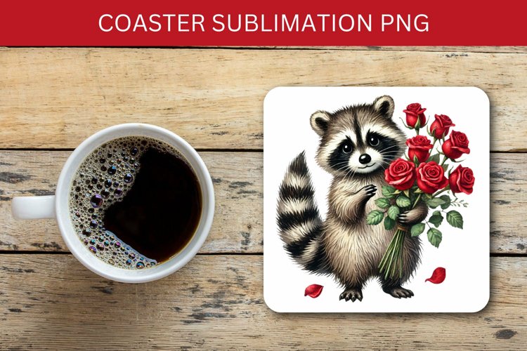 valentine square coaster - racoon red roses example image 1