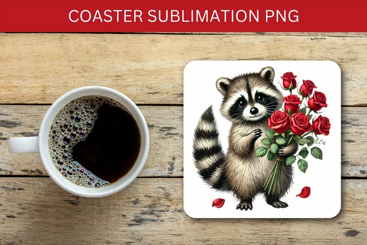 valentine square coaster - racoon red roses
