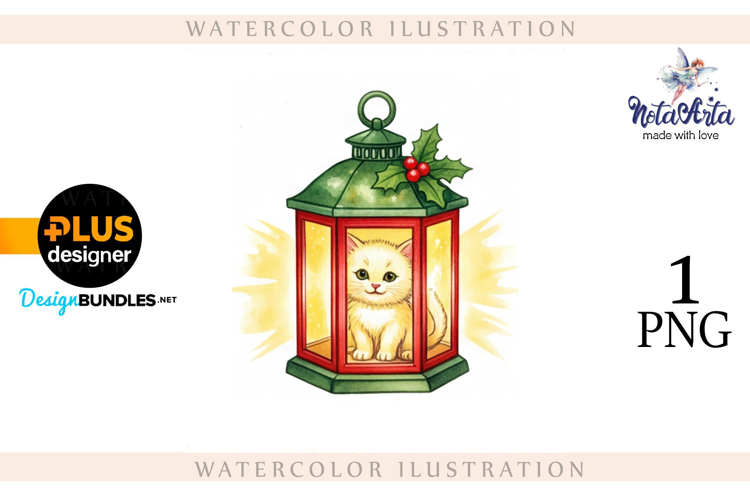 Christmas Kitten in Watercolor Style
