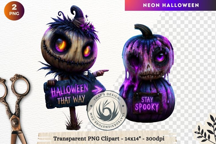 Neon Halloween Character Clipart Spooky Kawaii example image 1