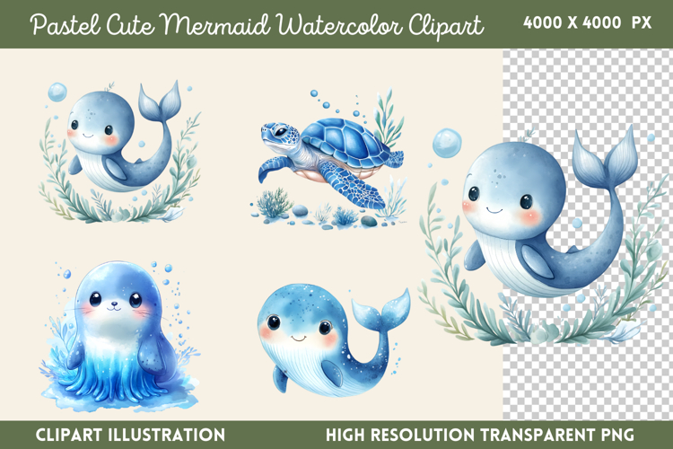Pastel Cute Mermaid Watercolor Clipart PNG