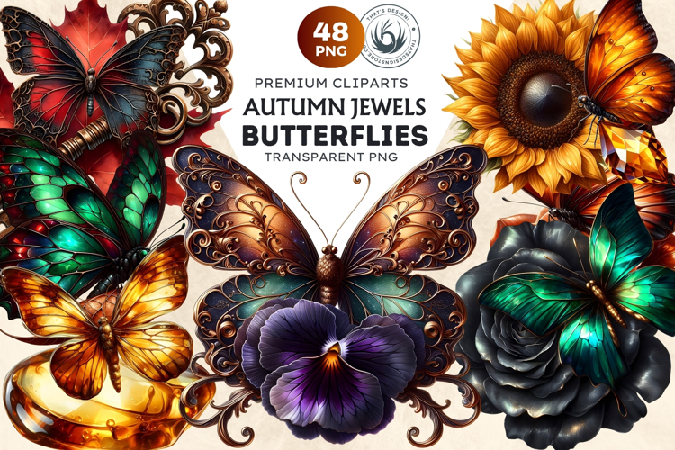 Autumn Jewels Butterfly Clipart Bundle: Moody Floral PNGs