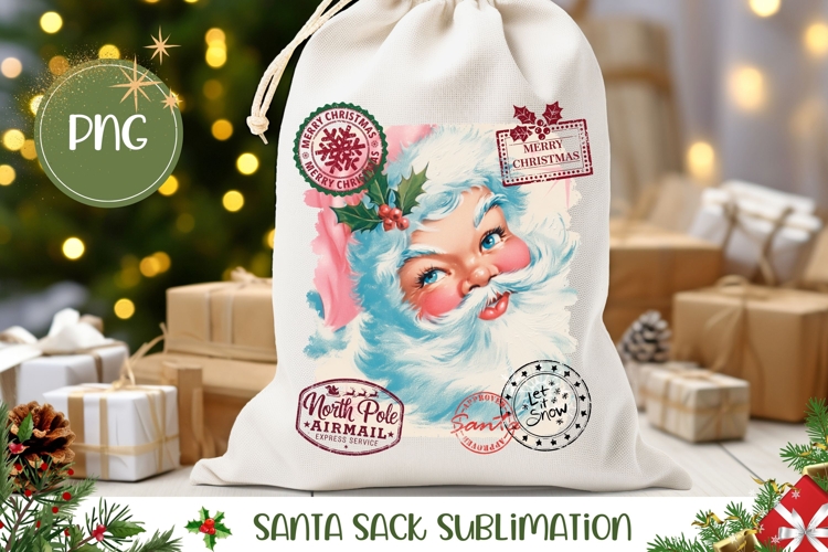 Vintage Christmas Santa Sack Print, Santa Claus Gift Bag