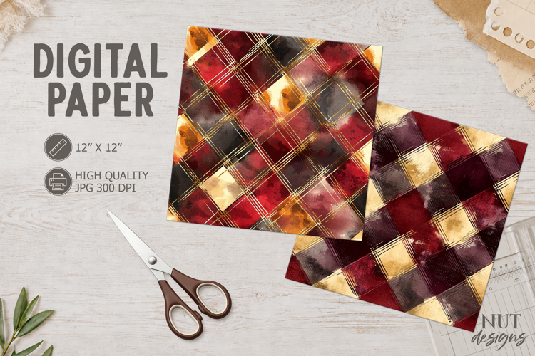 Burgundy Plaid Digital Paper Christmas Watercolor background