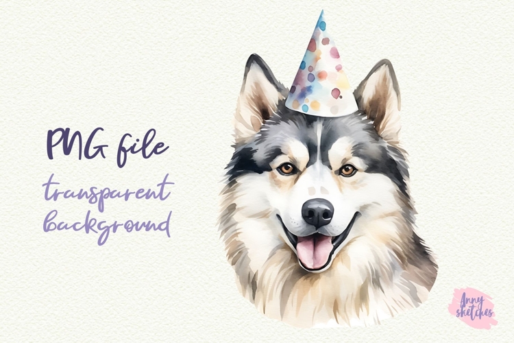 Birthday Husky Clipart Watercolor in a Party Hat PNG
