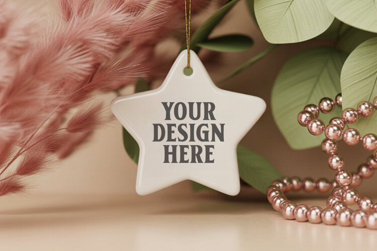 Christmas Star Ceramic Ornament Mockup | Cozy Boho Holiday D example image 1