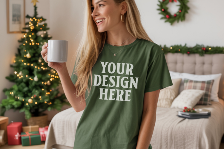 Comfort Colors 1717 Light Green Christmas T-Shirt Mockup, Bo