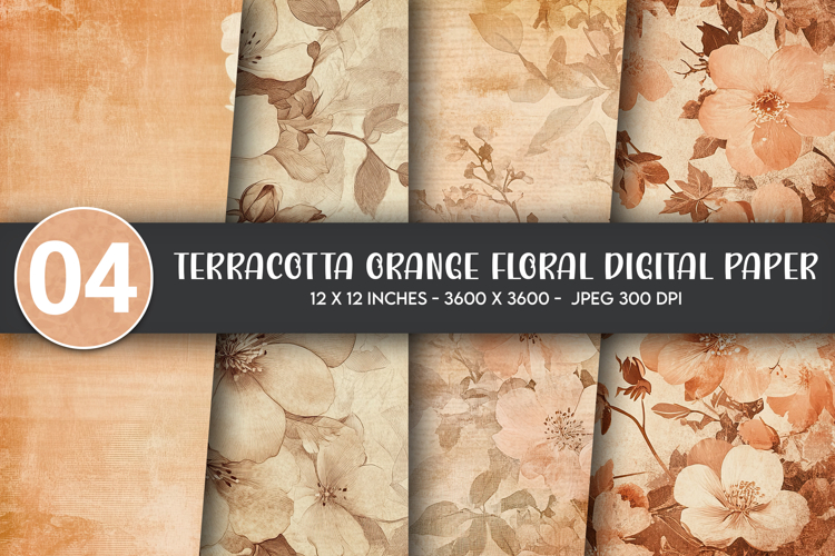 Terracotta Orange Floral Digital Paper example image 1