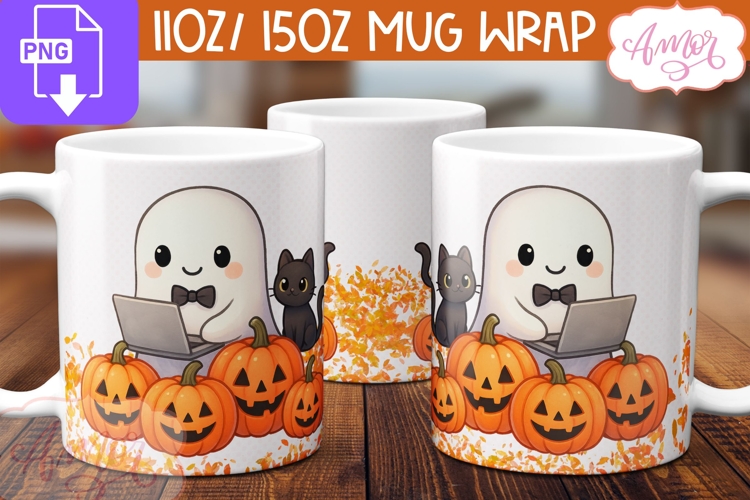 Cute Halloween mug wrap PNG, Cute IT ghost mug png
