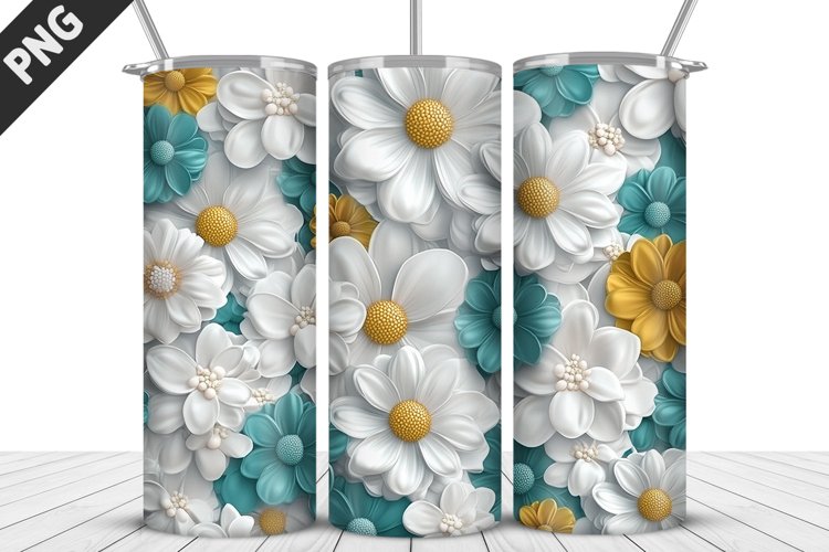 3D White Flowers Tumbler Wrap | Sublimation Design | Tumbler