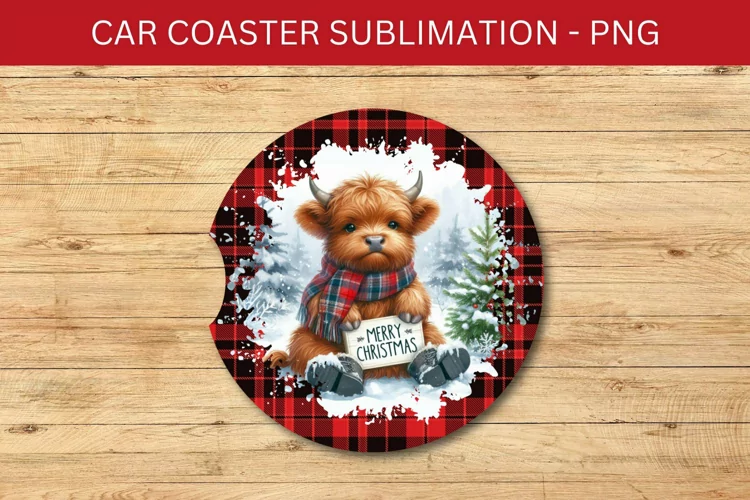 rounded car coaster - plaid highland cow
