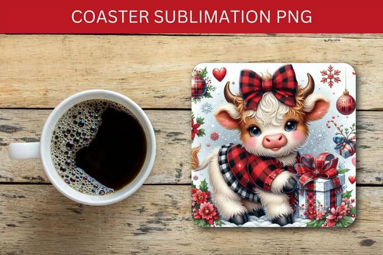 square coaster - plaid highland cow