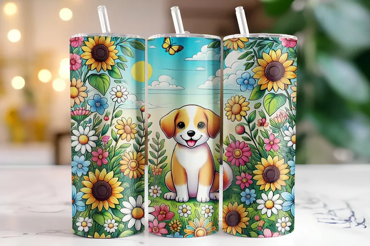 Flowers & Dog Tumbler Wrap | Sublimation | Tumblers