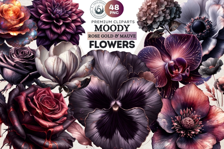 Moody Rose Gold & Mauve Flowers PNG, Dark Romance Clipart