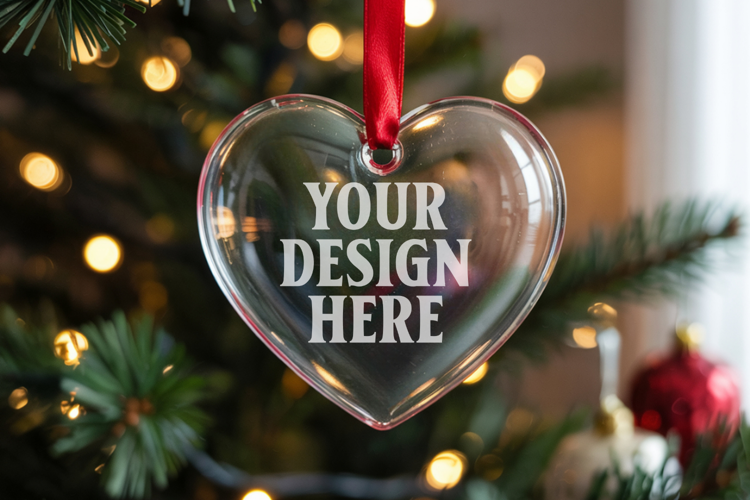Christmas Heart Crystal Glass Ornament Mockup | Clear Heart