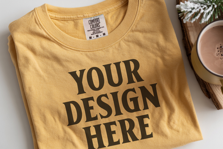 Mustard Comfort Colors 1717 Christmas Folded T-Shirt Mockup