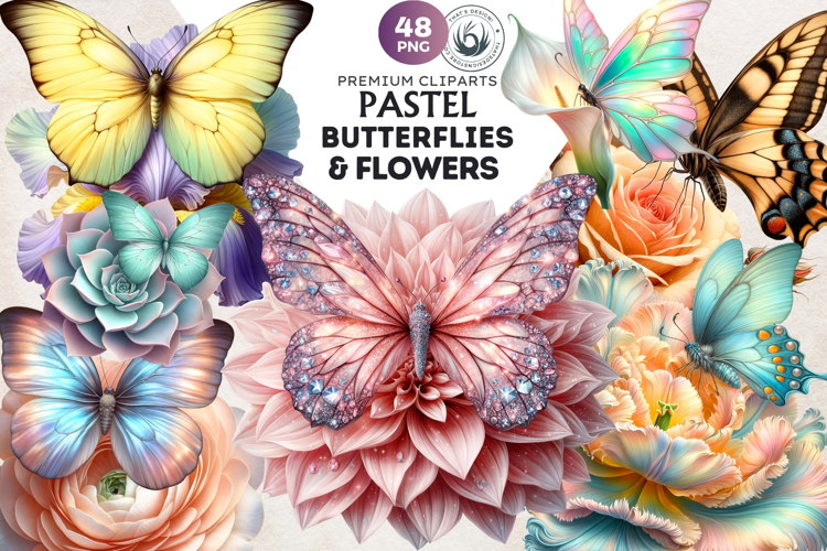Pastel Butterfly & Flower Clipart Bundle: Ethereal florals